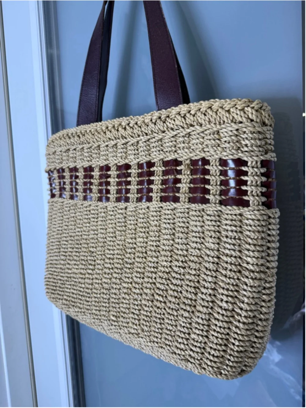 Lois Hill Beige Brown Woven Straw Leather Tote Bag One Size